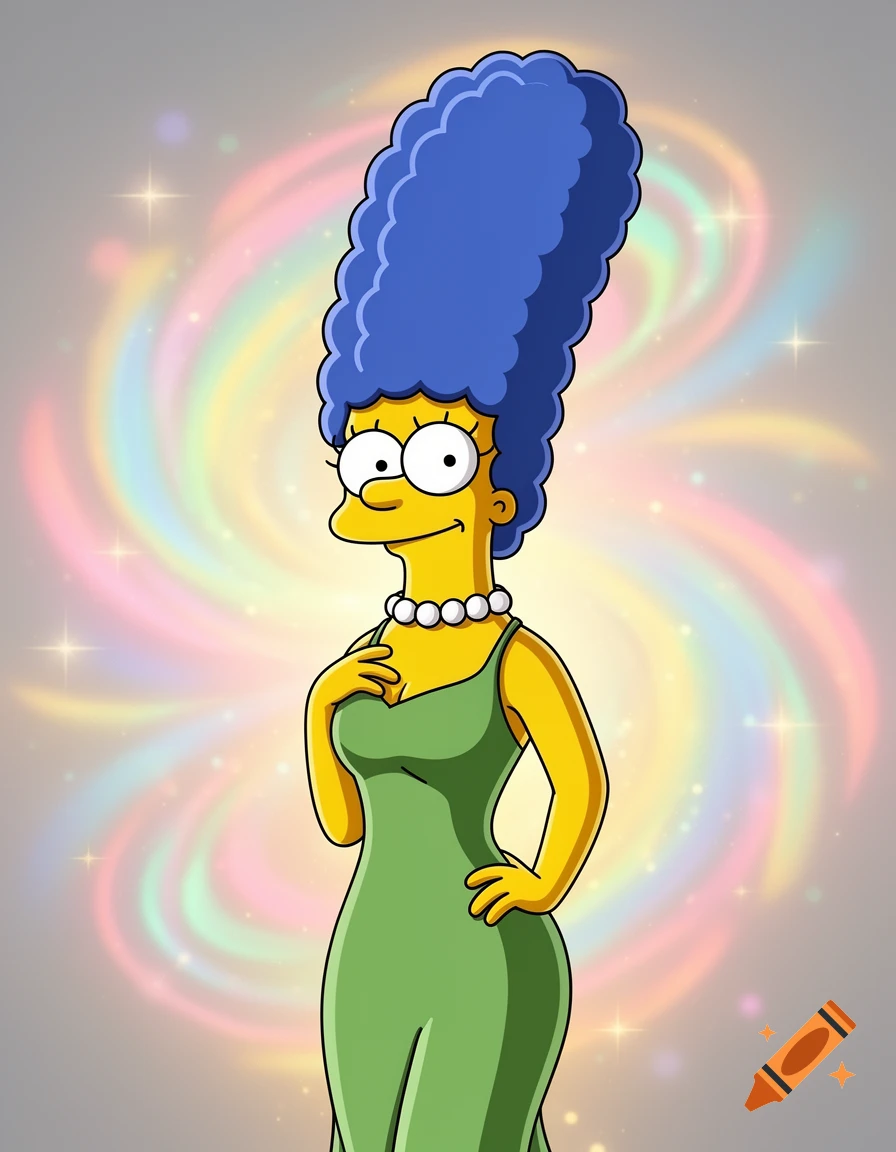 Marge Simpson from The Simpsons in a green dress and pearl necklace, smiling against a swirling, colorful background.