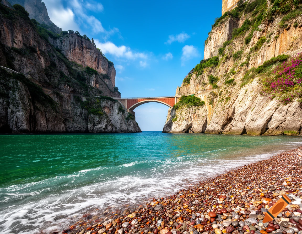 Photorealistic image of Fiordo di Furore. An arch bridge spans a turquoise inlet between towering cliffs, with a pebbled beach.