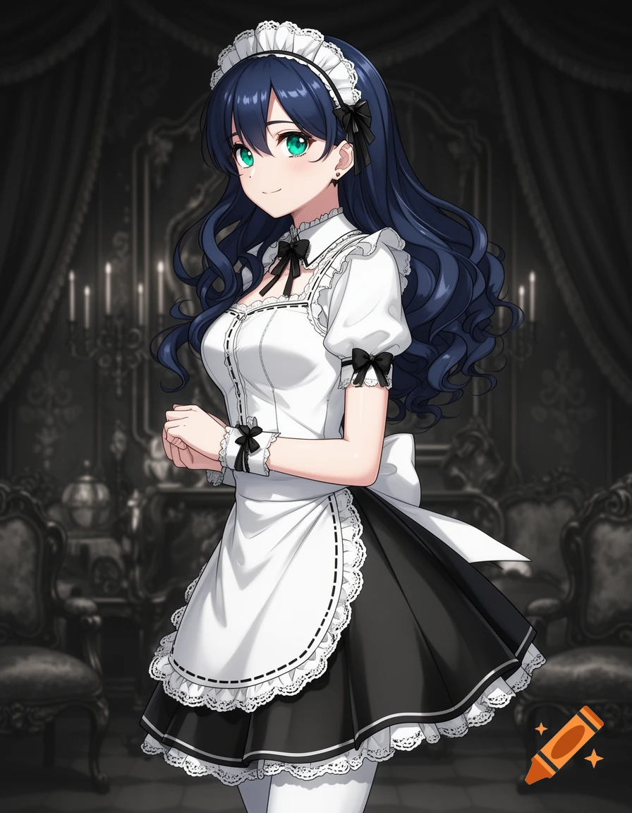 Anime girl with dark blue hair and green eyes in a white and black ruffled maid uniform, standing in an ornate, dark room.