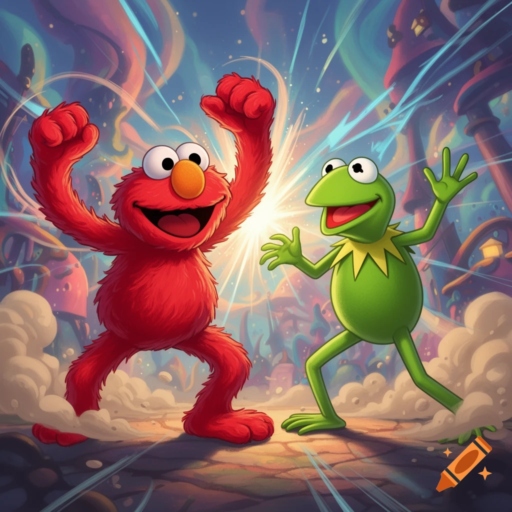 Elmo and Kermit the Frog strike dynamic poses in a vibrant, stylized cartoon world with light streaks and smoke.
