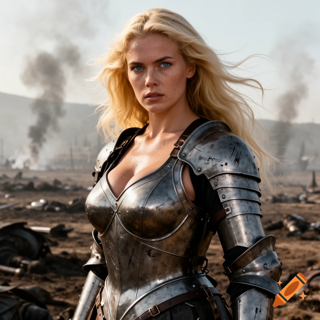 A blonde female warrior in metal armor with a serious expression, standing on a smoky, battle-scarred field.