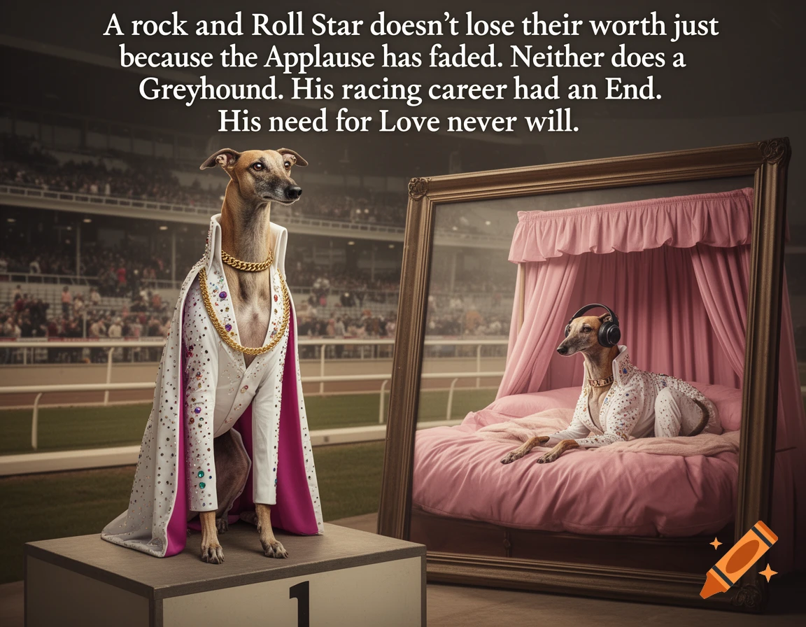 A greyhound in an Elvis Presley costume on a podium; its mirror reflection shows it in a pink canopy bed with headphones.