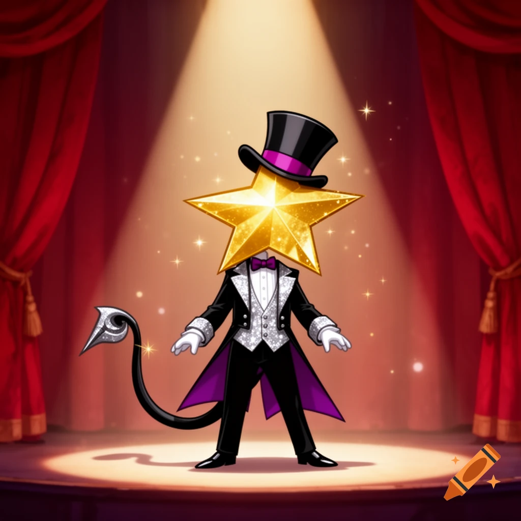 Cartoon character with a golden star head, top hat, tuxedo, and pointed tail on a spotlighted stage.