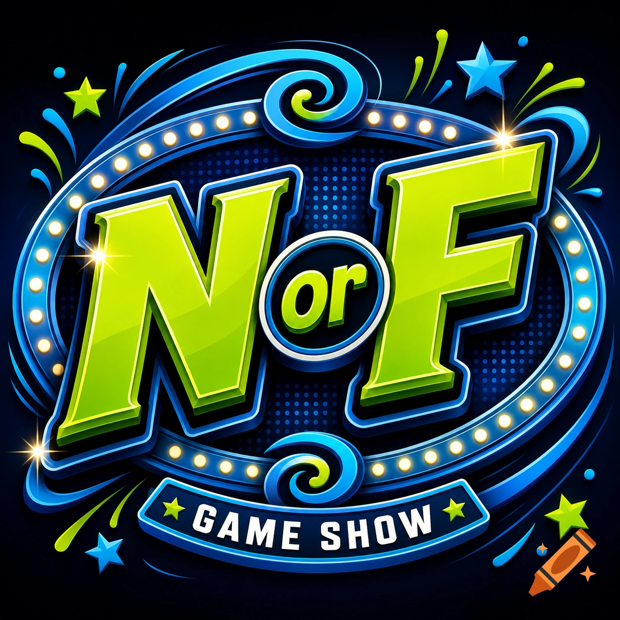 Vibrant blue and green game show logo with 'N or F' and 'GAME SHOW' text, surrounded by lights and stars.