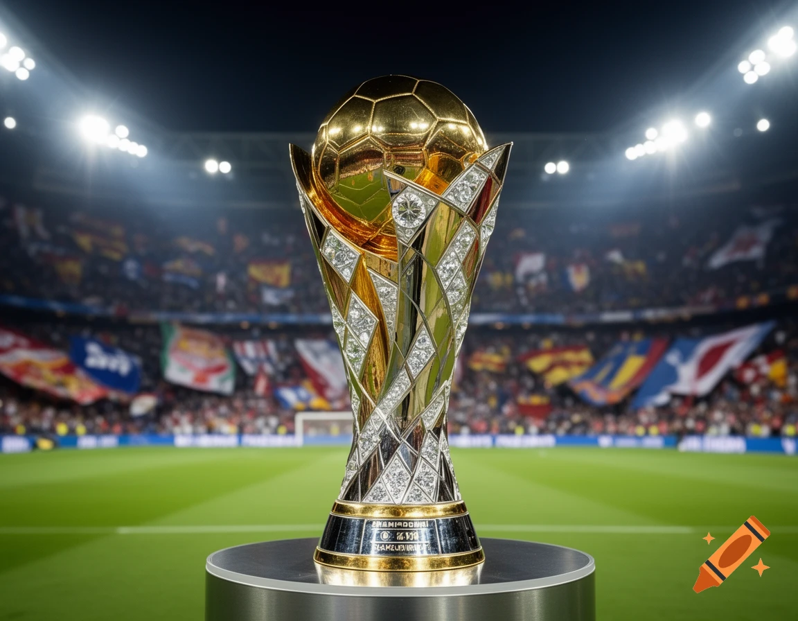 A glittering gold and silver soccer trophy on a podium in a brightly lit, crowded stadium.