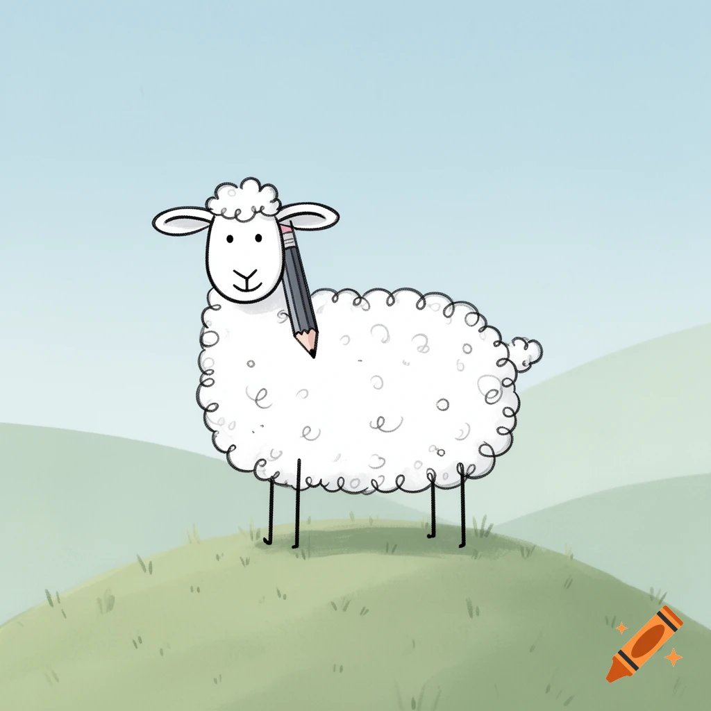 Cartoon white sheep with a black pencil behind its ear, standing on a grassy hill with a blue sky background.