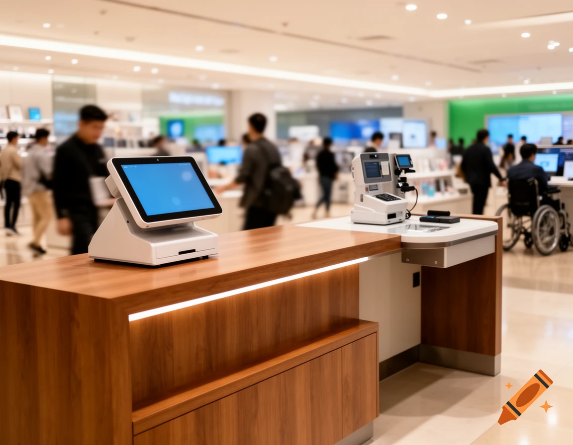 Modern retail store interior with sleek wooden checkout counters and POS systems, blurred shoppers in background, one in a wheelchair.