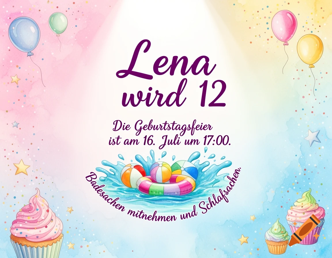 Watercolor birthday invitation with colorful balloons, cupcakes, water splash, and text about Lena turning 12, requesting swim and sleepwear.
