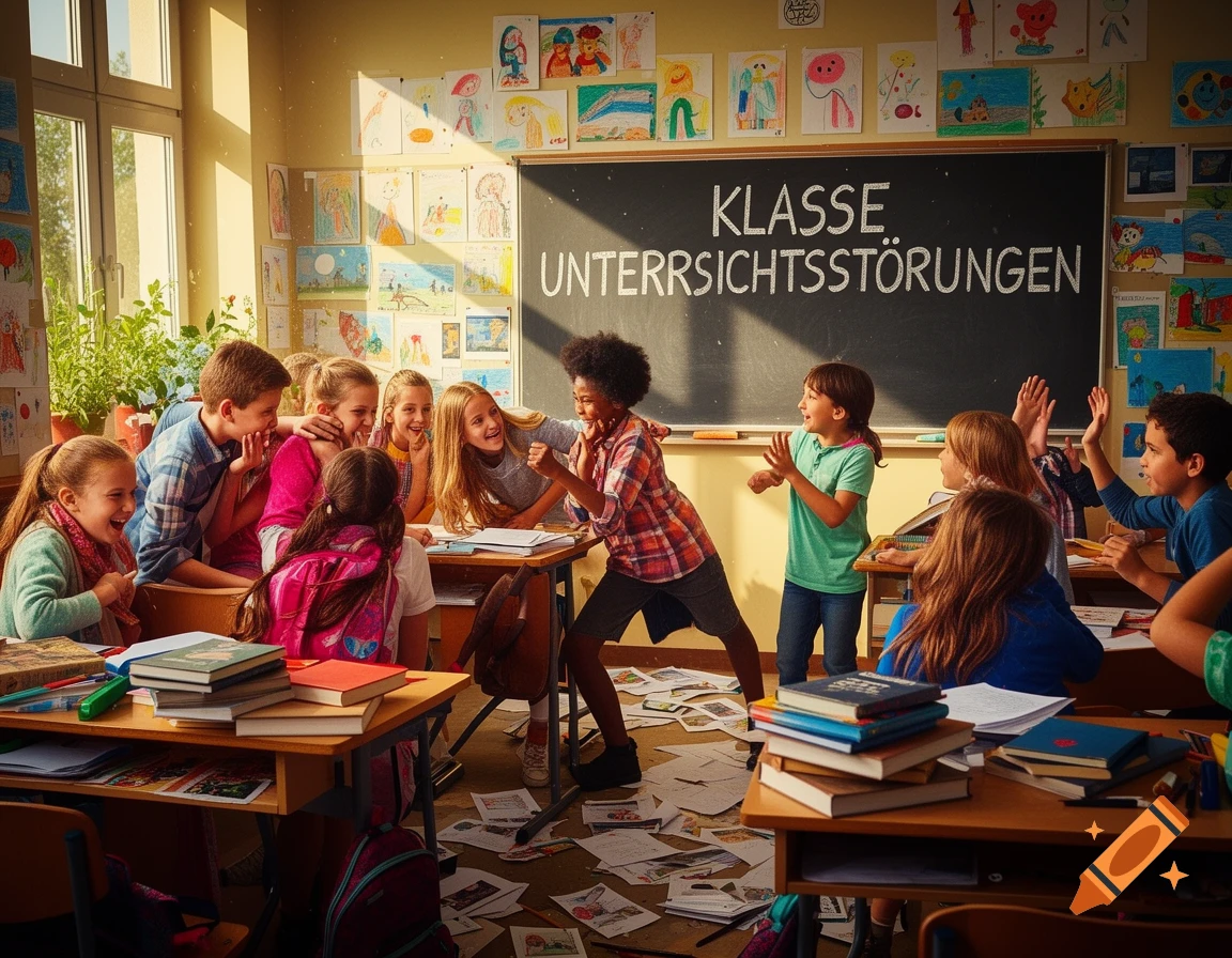 Cheerful children creating a lively, chaotic scene in a sunlit classroom with a blackboard and drawings on the wall.