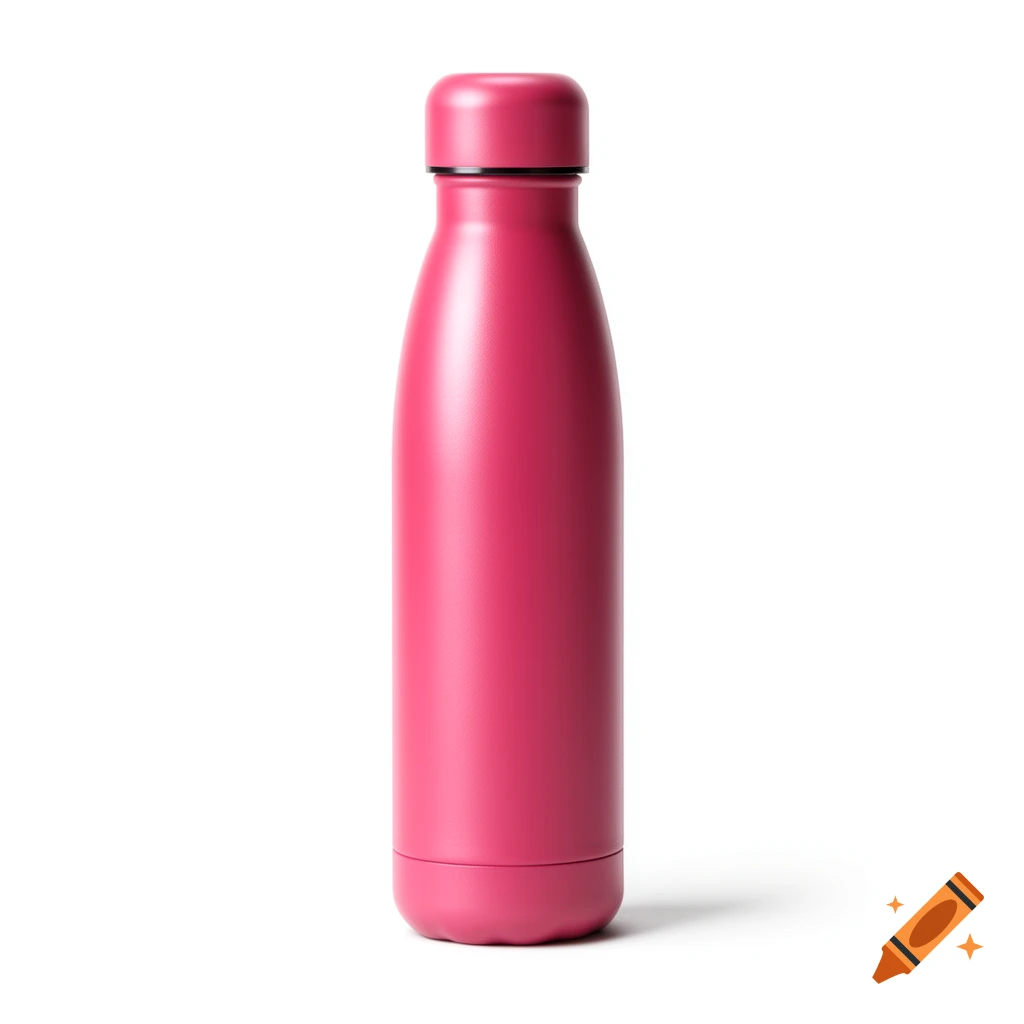 A vibrant pink insulated water bottle stands upright against a clean white background, casting a soft shadow.