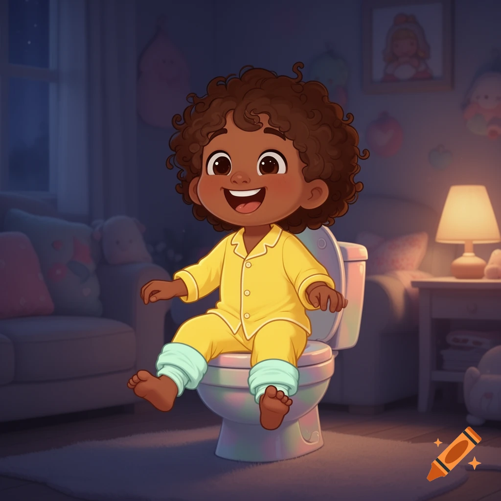 A happy, brown-skinned cartoon girl in yellow pajamas sitting on a potty in a dimly lit room at night.