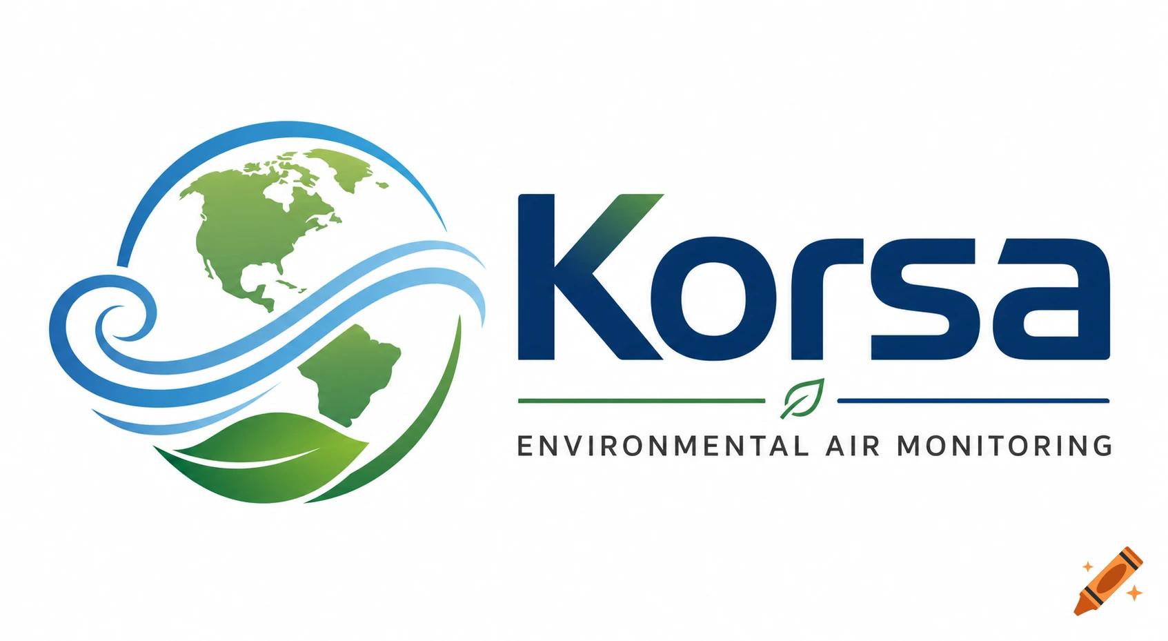 Korsa environmental air monitoring company logo with a stylized globe, swirling lines, and a green leaf.