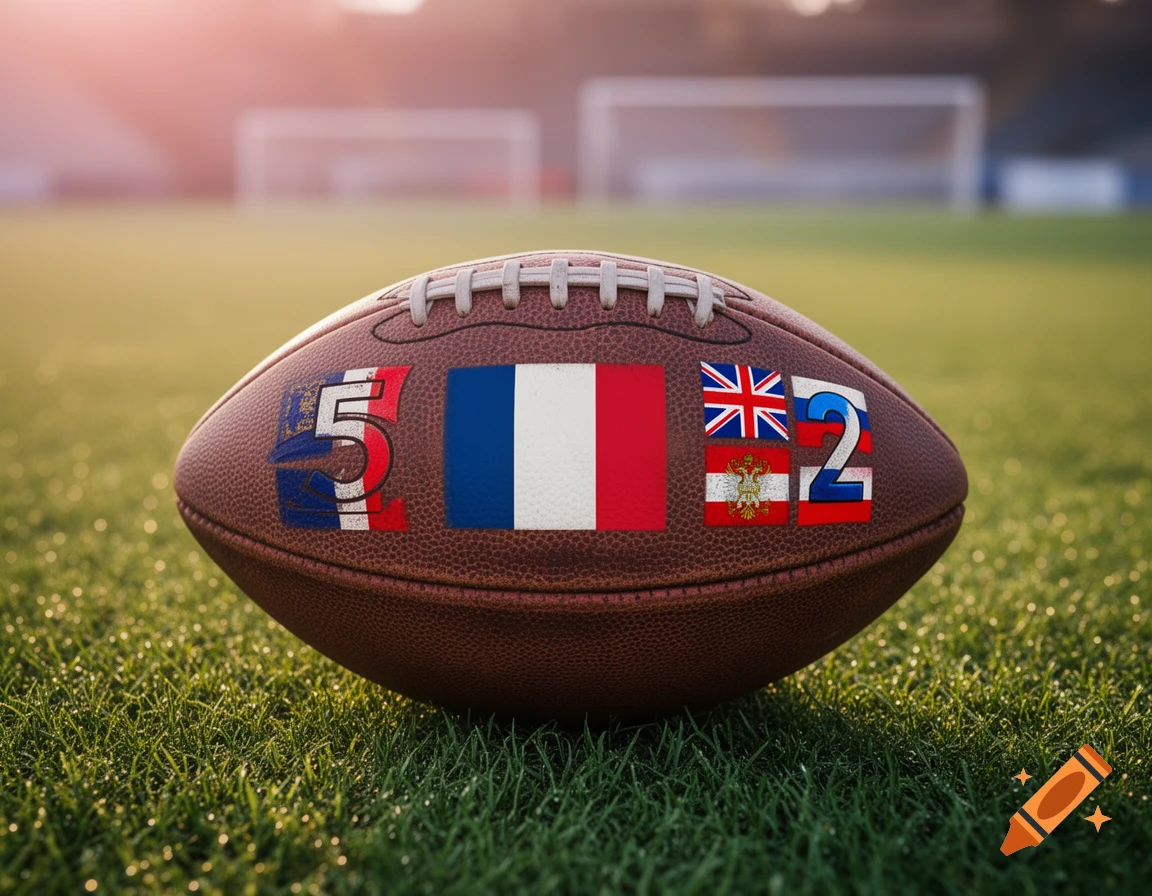 A close-up of an American football on a green grass field, with national flags and numbers '5' and '2' painted on its surface.