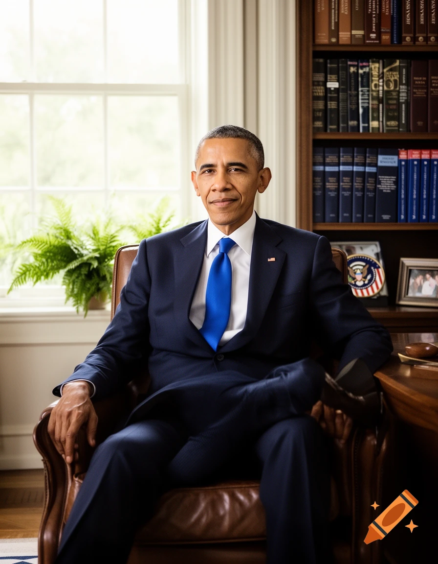 A distinguished portrait of Barack Obama, seated in a leather armchair in a well-lit office with a bookshelf and window in the background.