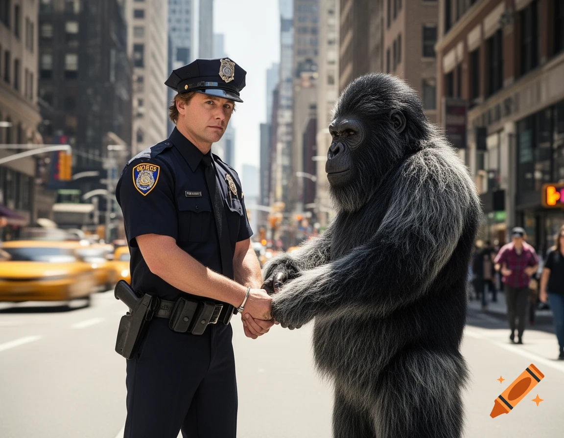 A police officer arrests a person in a realistic gorilla costume on a busy city street.