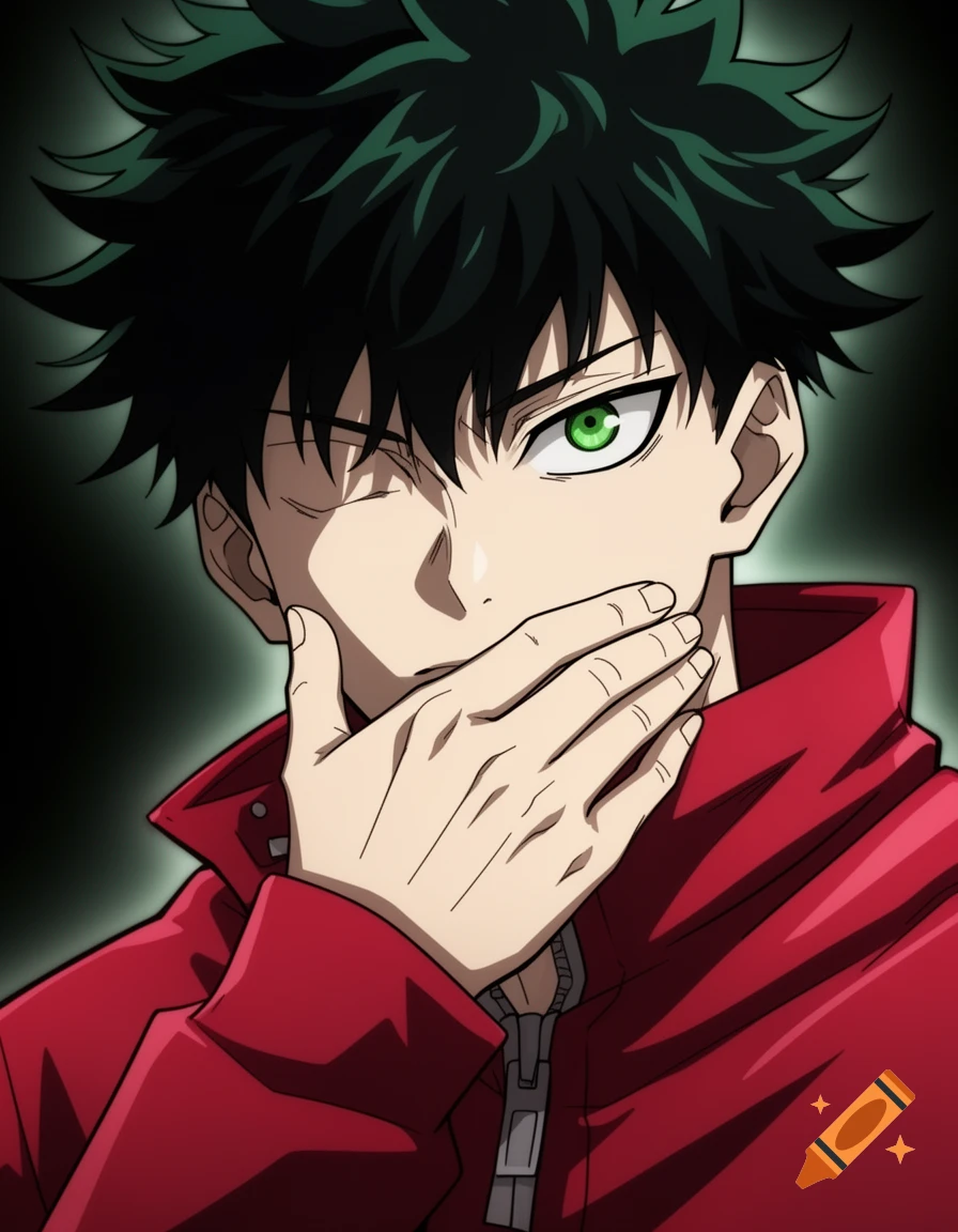 Close-up of an anime boy with dark green hair and a green eye, wearing a red jacket, with one hand covering his mouth.