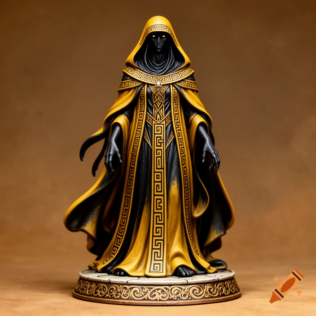 A detailed fantasy miniature of a hooded, dark-skinned figure in ornate gold and black robes with glowing eyes, standing on an ornate base.