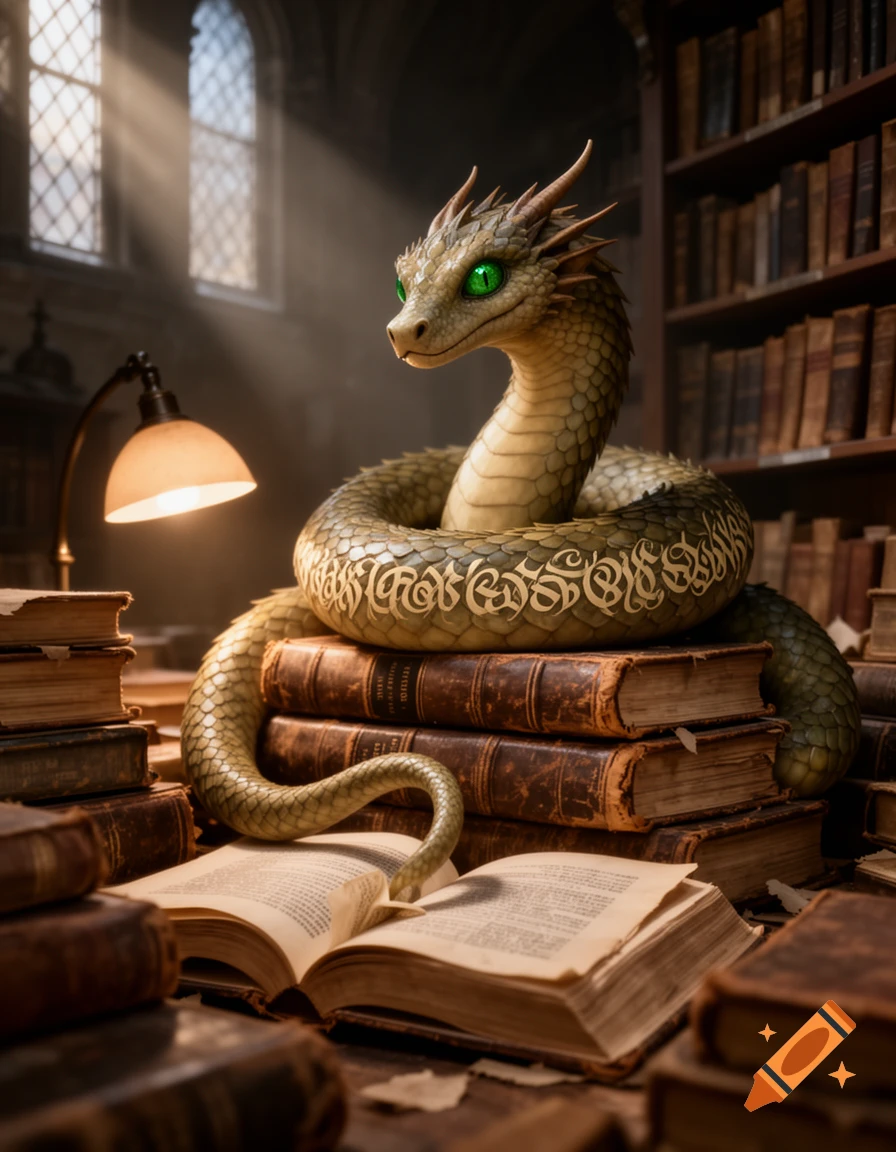 A green, scaly dragon-like creature with glowing green eyes coils around stacks of old books in a magical, sunlit library.