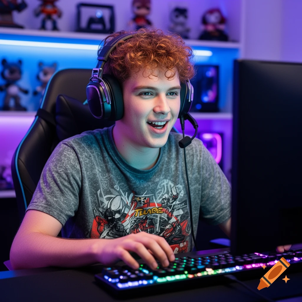 A young man with curly red hair, wearing a headset, plays video games on a brightly lit keyboard in a room with purple and blue lights.