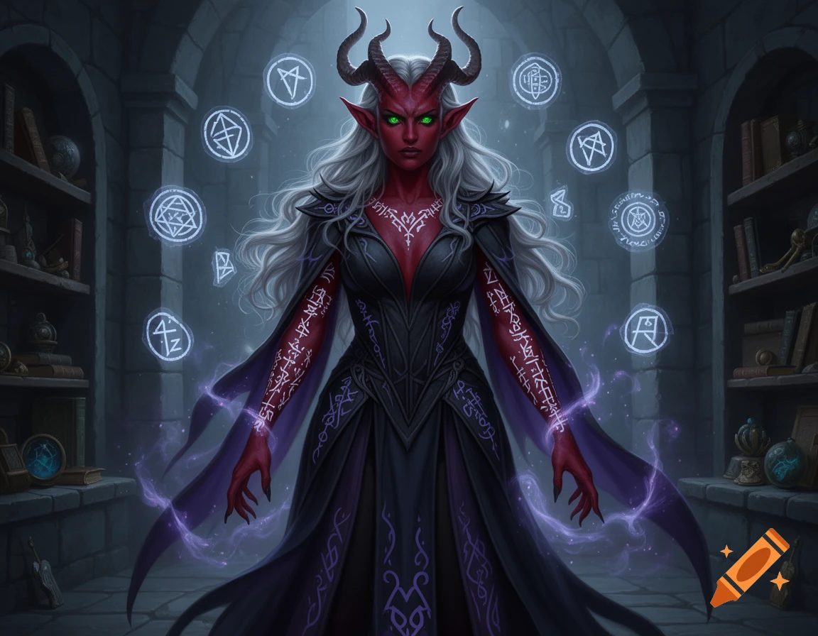 A female tiefling wizard with red skin, horns, green eyes, and white hair, wearing a dark gown, casting magic with glowing runes around her in a stone library.