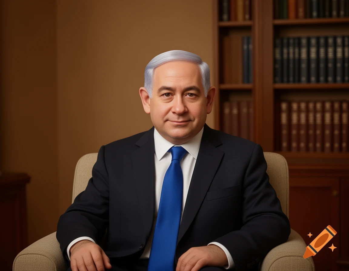 A man resembling Benjamin Netanyahu, wearing a dark suit and blue tie, sits in a beige armchair in an office with bookshelves in the background.