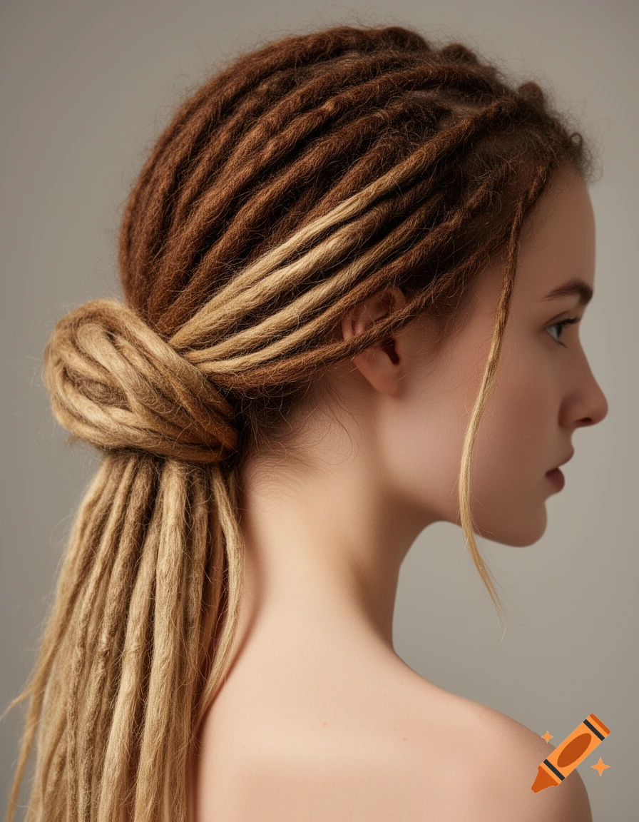 Photorealistic profile portrait of a woman with brown and blonde dreadlocks tied in a low bun.