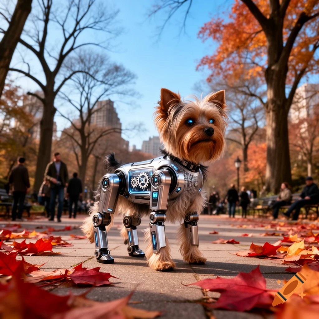 A Yorkshire terrier with a metallic robot body stands on a paved path covered in red autumn leaves in a sunny park.