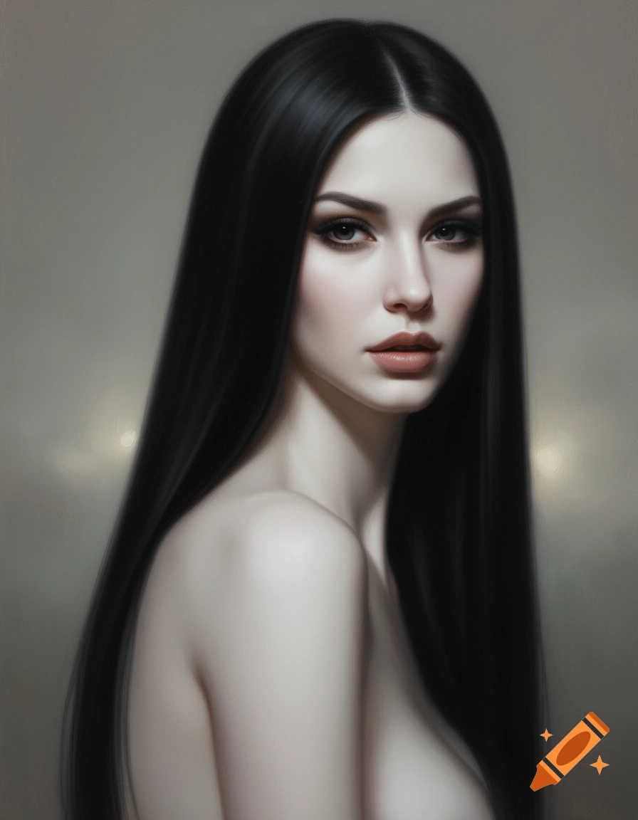 Semi realism portrait painting of a woman with long black hair, dark eyes, and pale skin, looking directly.