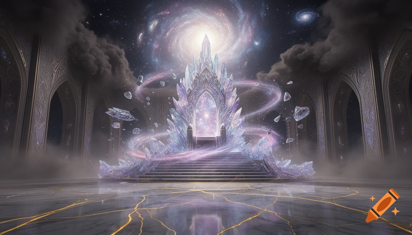 A majestic crystal palace with steps under a cosmic sky with swirling galaxies, flanked by dark vaulted architecture.