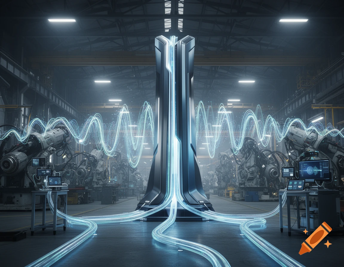 A futuristic acoustical energy harvester converts noise from industrial machines into electrical energy, represented by glowing blue lines in a factory setting.
