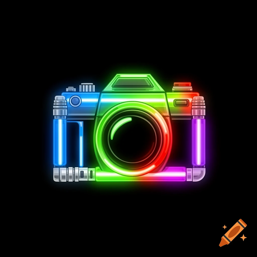 A vibrant neon icon of a camera, outlined and detailed with glowing rainbow lights resembling lightsabers against a black background.
