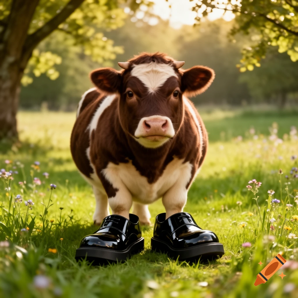 A cute dwarf cow in a sunny green field, wearing shiny black platform shoes.