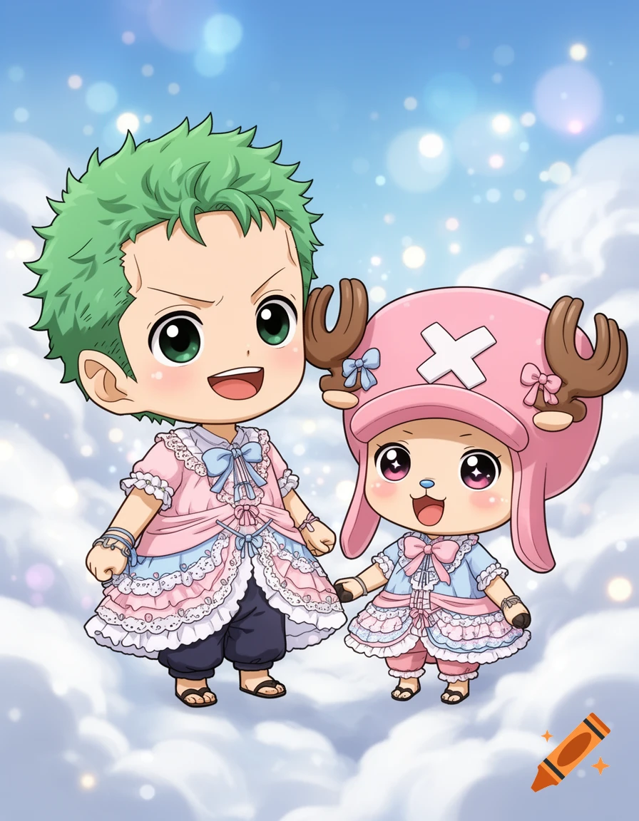Chibi anime Zoro and Chopper in pastel pink and blue frilly dresses, floating on clouds with a sparkling sky.