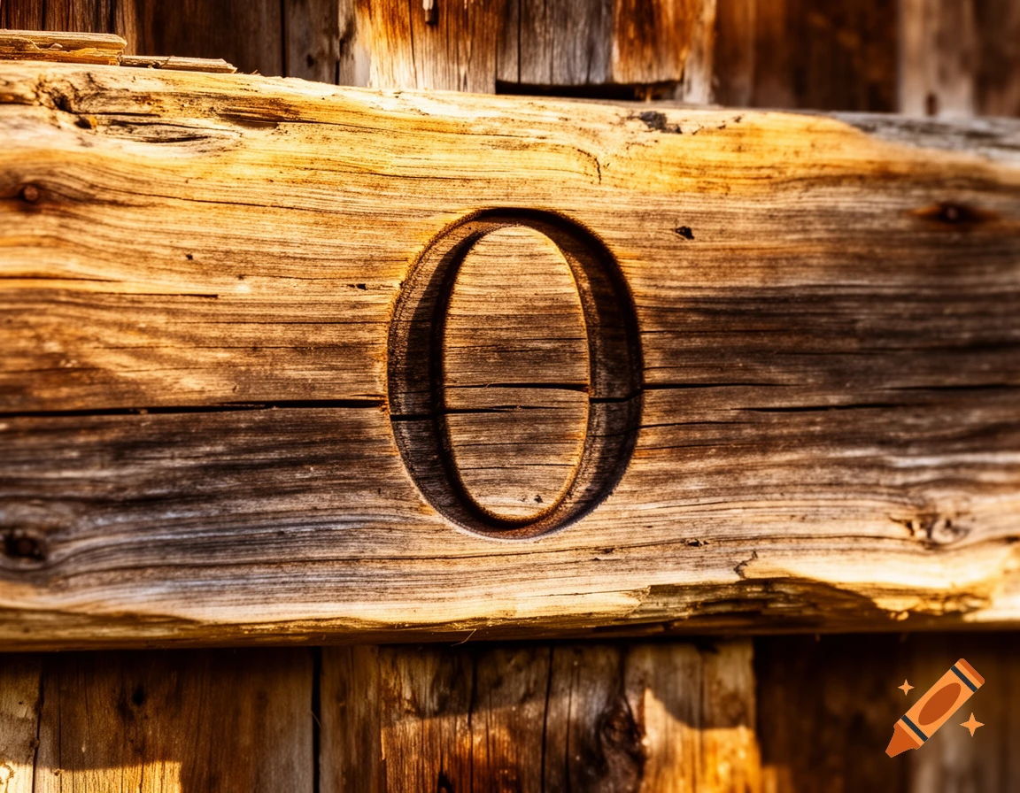 Close-up of a carved letter O in textured, weathered wood, illuminated by warm sunlight.