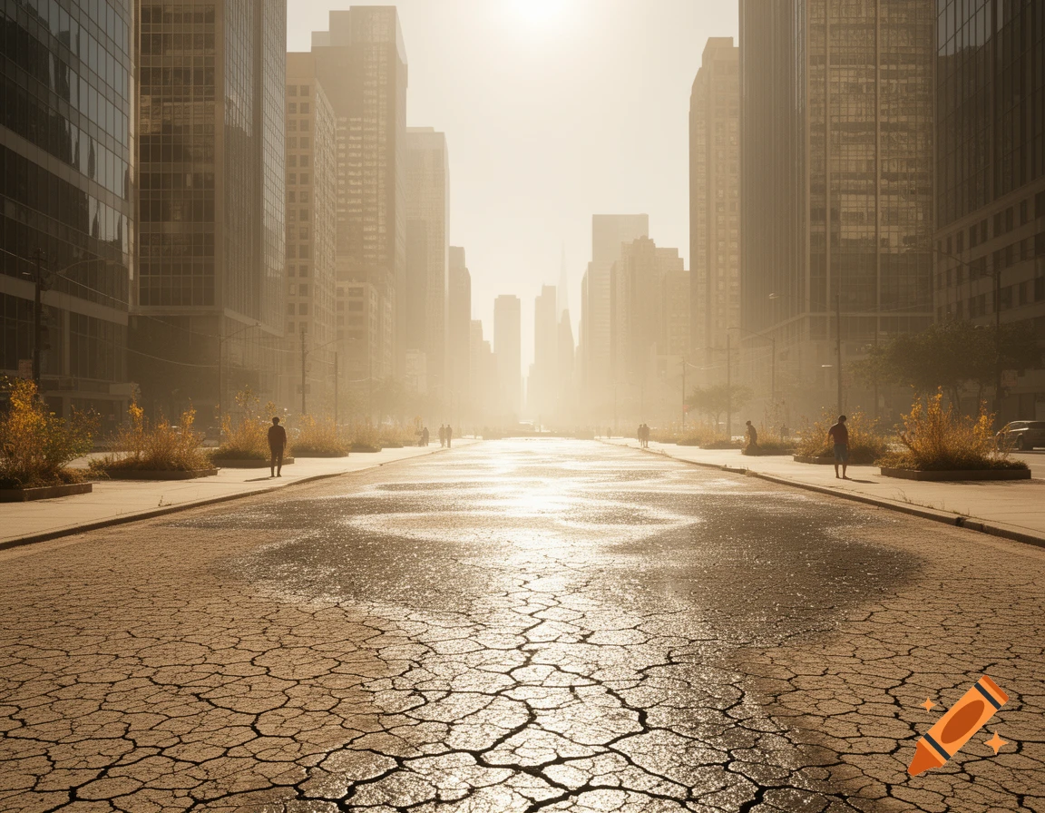 Cracked, dry city street under a hazy, bright sky with tall buildings, suggesting a severe heatwave or drought.