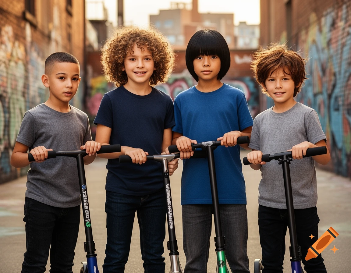 Four boys with diverse hairstyles stand in an urban alley with graffiti, each holding a stunt scooter.
