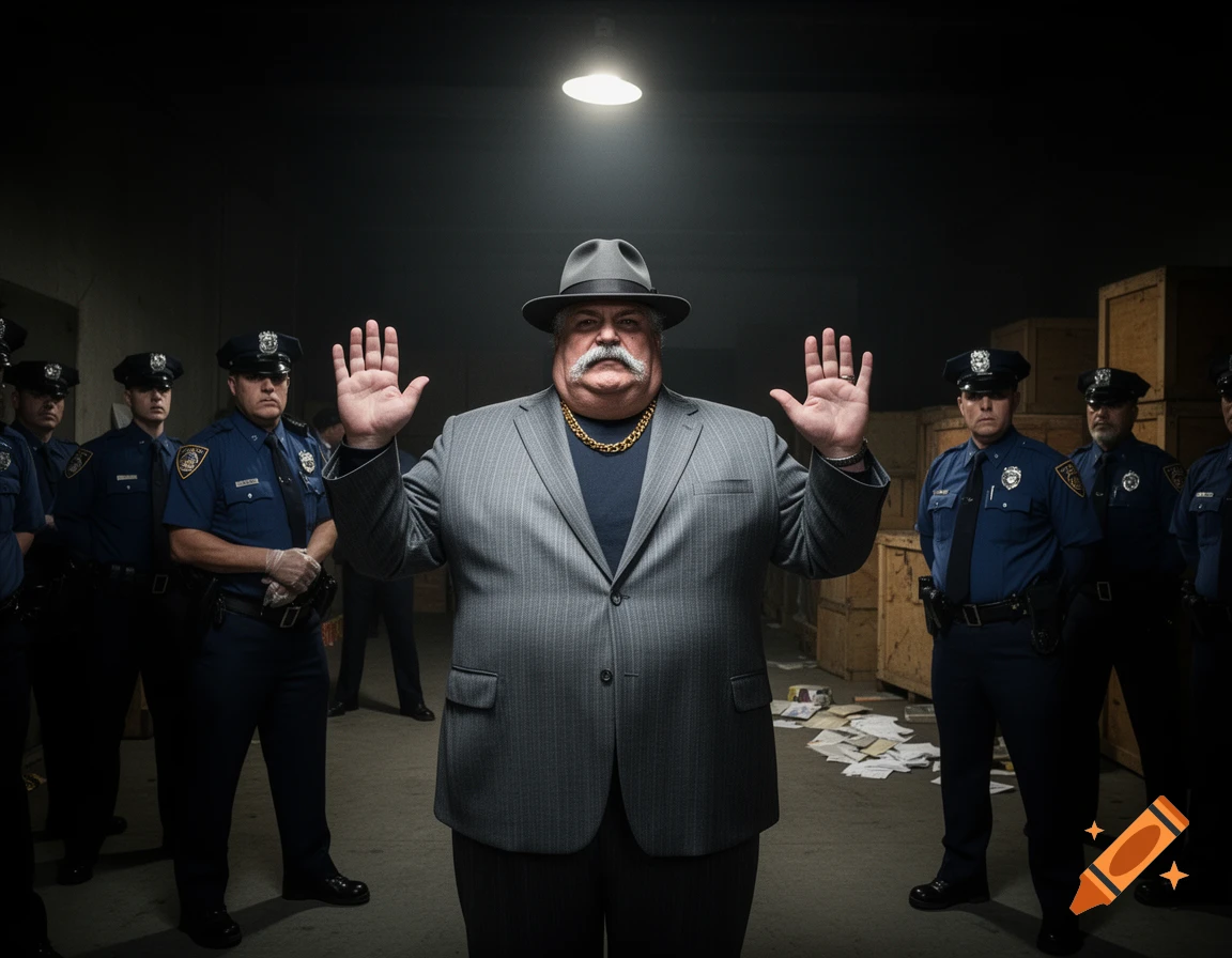 A large, mustachioed man in a fedora and suit raises his hands in surrender, surrounded by police officers in a dimly lit warehouse.