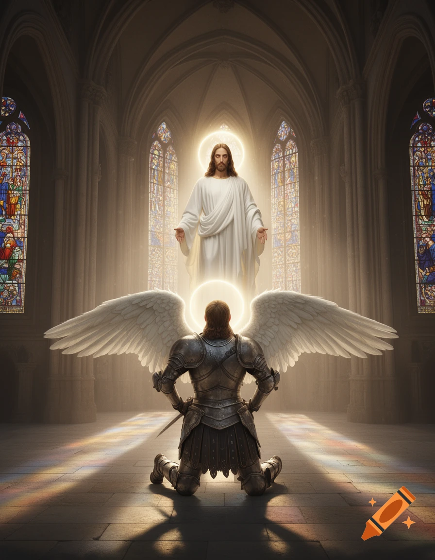 Jesus with a halo stands before a kneeling winged knight in armor inside a cathedral with stained glass windows.