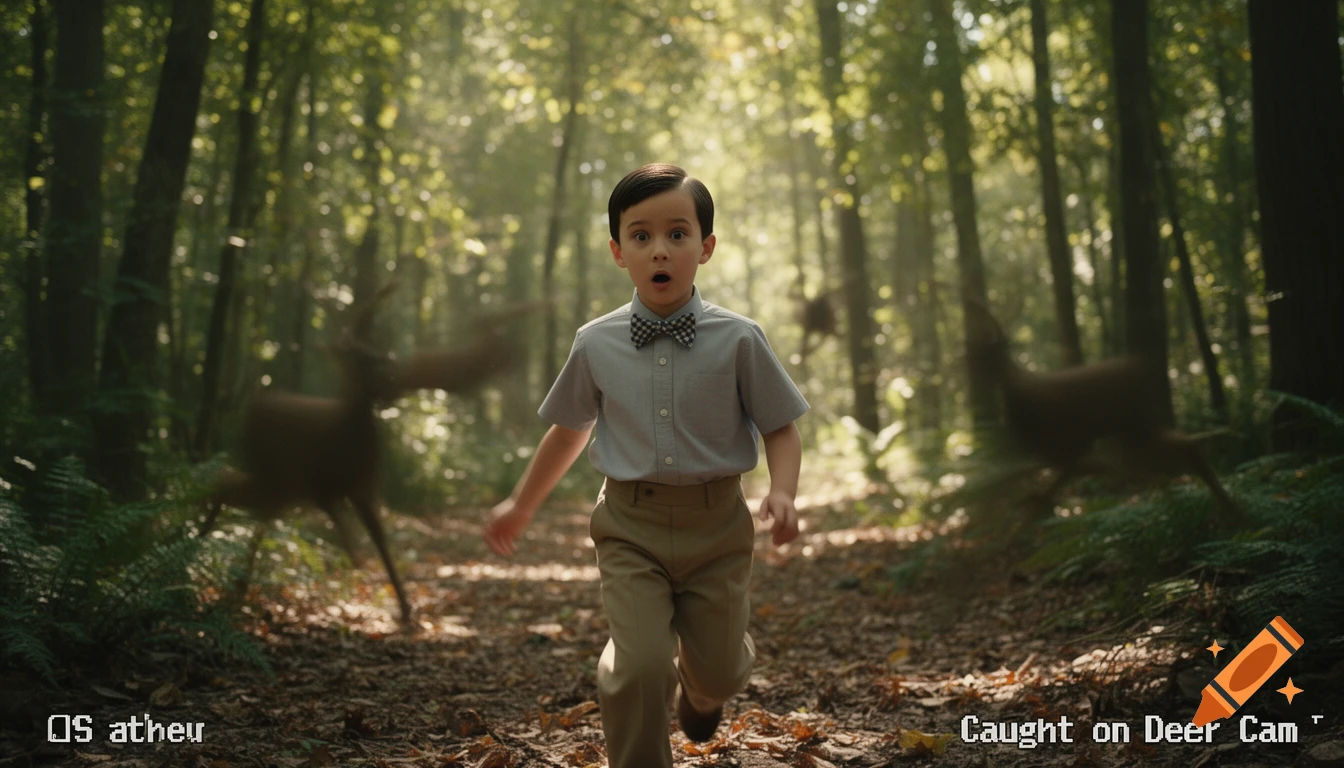 A young boy with a surprised expression, wearing a bow tie, runs through a sunlit forest as blurry deer move around him. Text overlays: "OS atheu", "Caught on Deer Cam".
