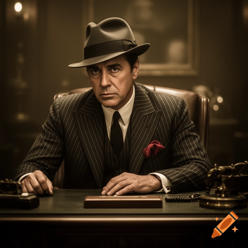 A stern man in a fedora and pinstripe suit sits at a desk in a vintage, film noir style.
