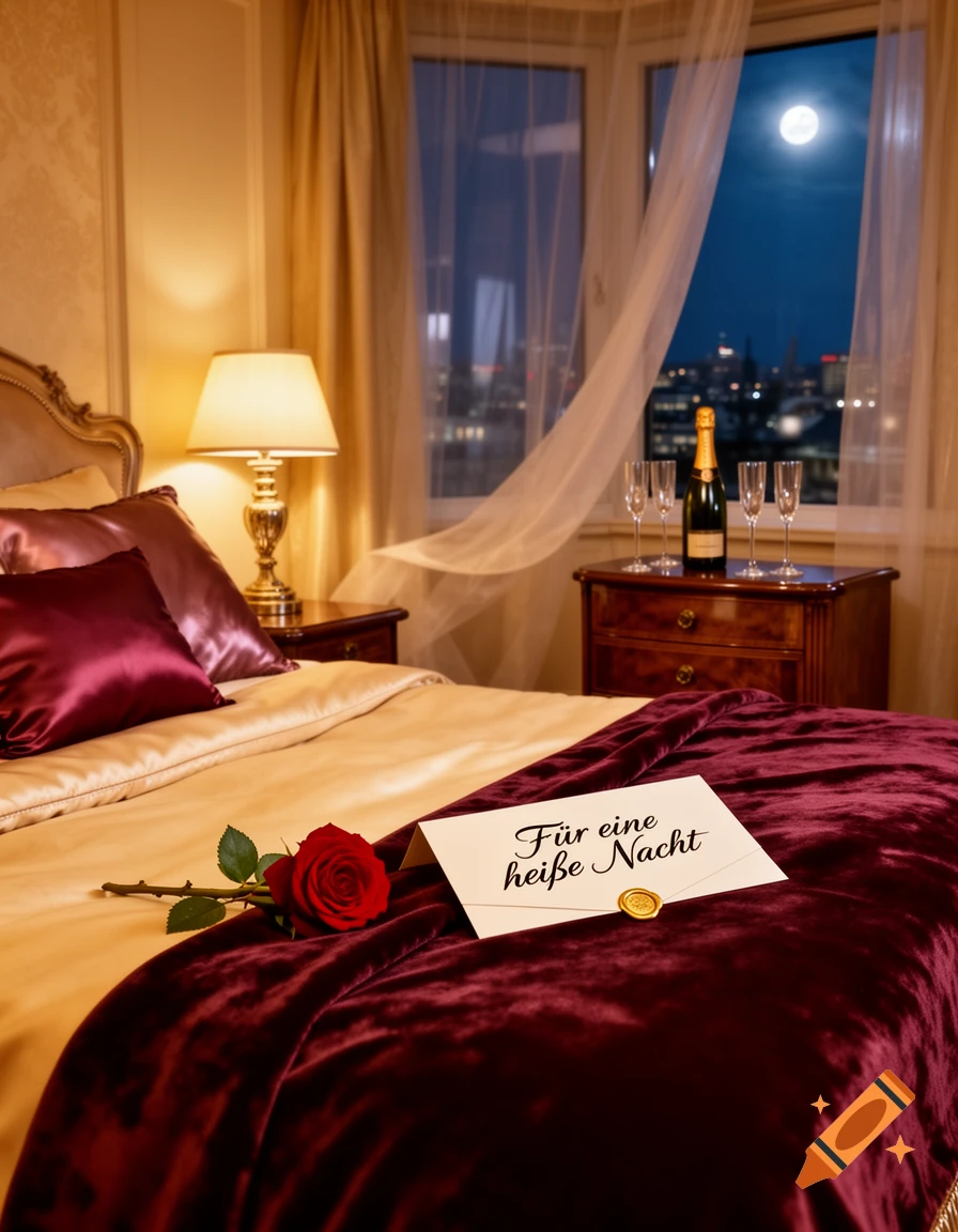 Photorealistic image of a luxurious bedroom at night. A red rose, a card with text, and champagne are on the bed by a window with a full moon.