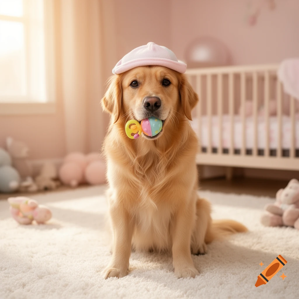 A photorealistic golden retriever wearing a pink baby hat and holding a colorful baby rattle in its mouth, sitting on a white carpet in a sunny nursery.
