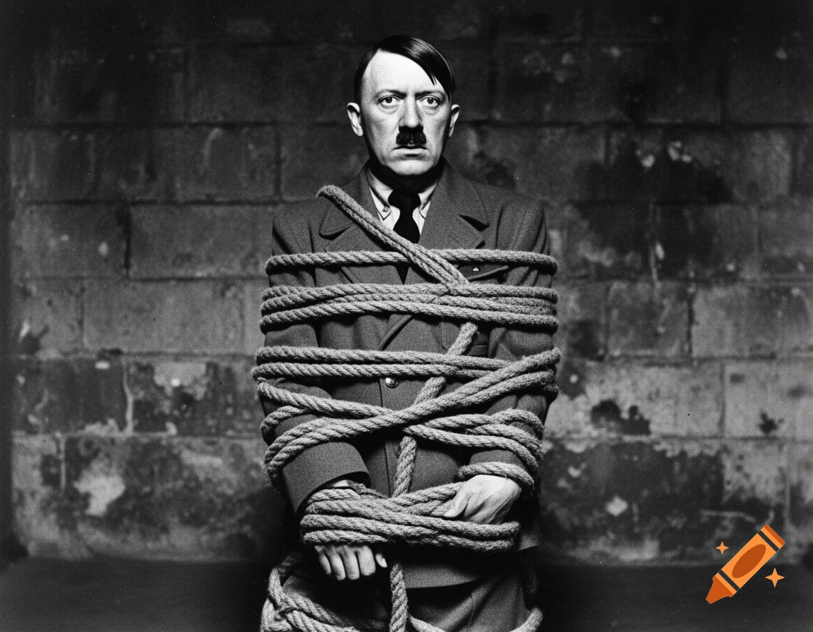 Black and white photo of a man resembling Hitler tied with thick ropes against a brick wall.