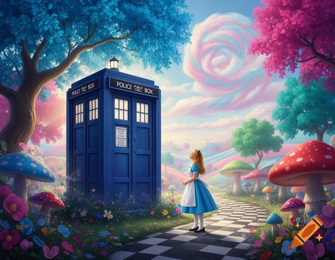 Alice in Wonderland stands on a checkerboard path, looking at a blue TARDIS in a vibrant, whimsical forest with colorful trees and giant mushrooms.
