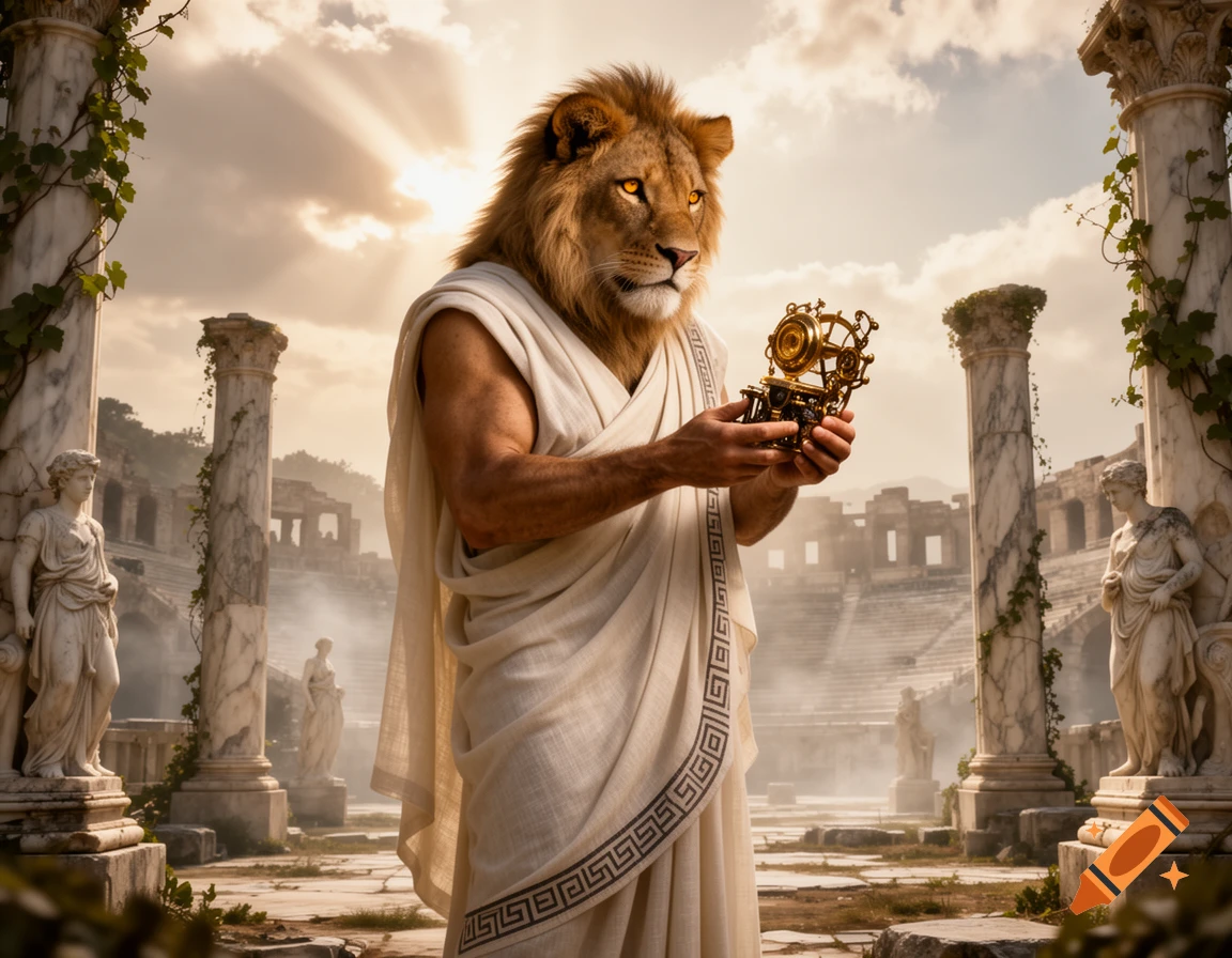 A regal lion-headed man in a white toga stands amidst ancient Greek ruins at sunset, meticulously examining a golden intricate instrument.