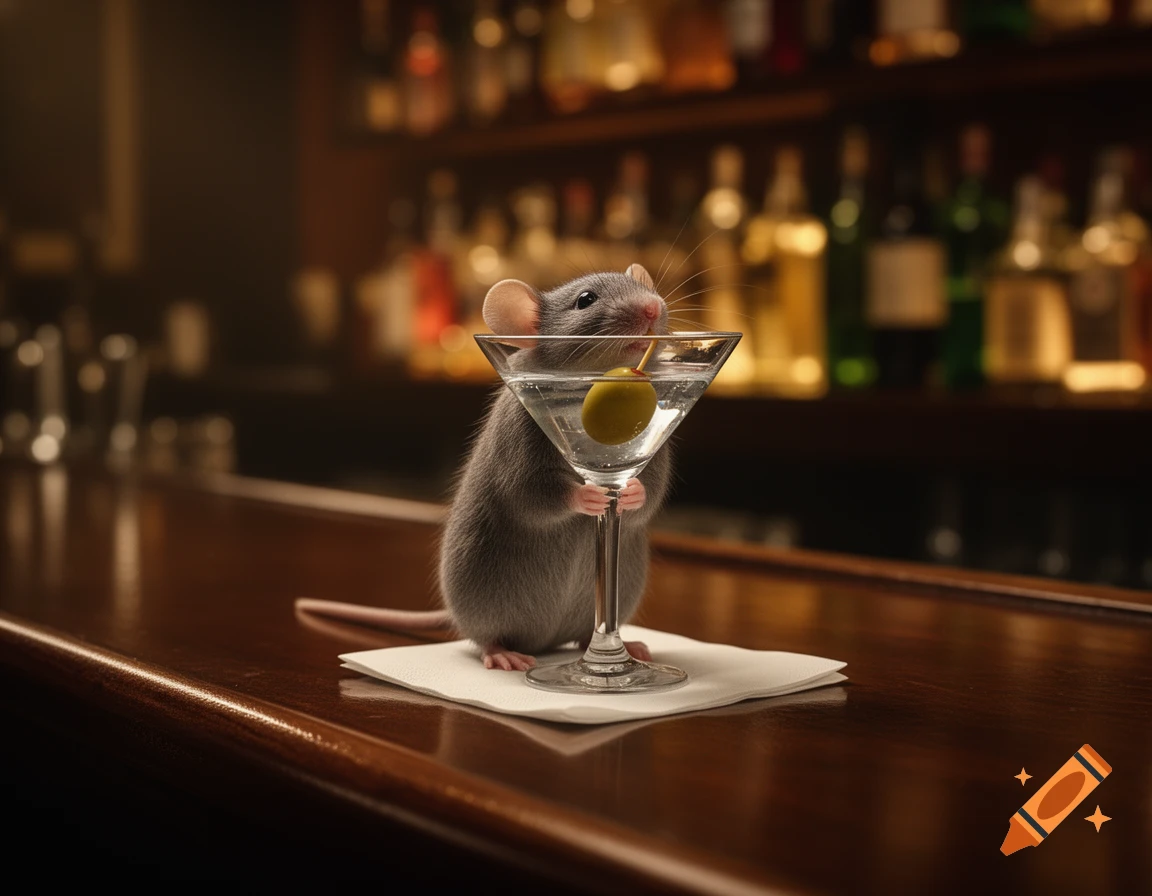 A photorealistic mouse holding a martini glass with an olive, standing on a bar counter in a dimly lit bar.