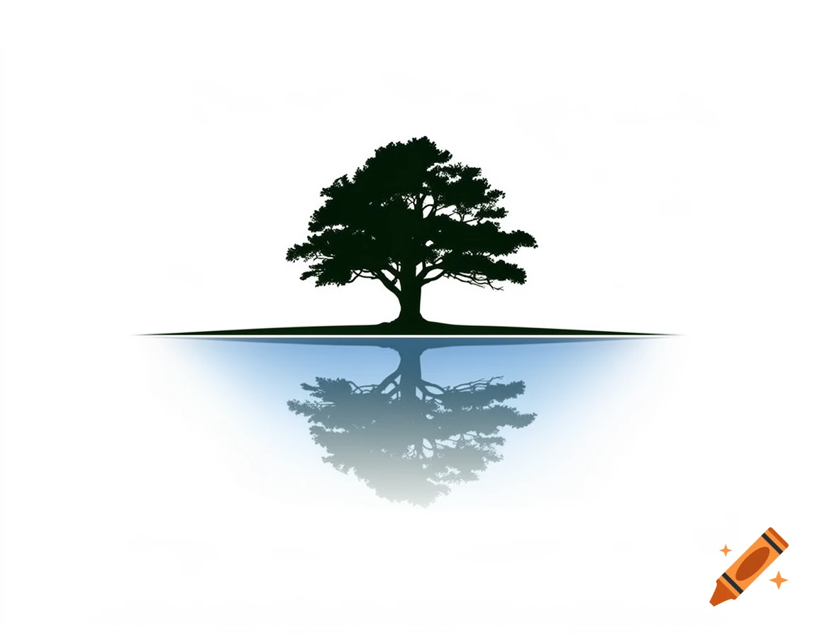 Minimalist illustration of a dark tree silhouette reflected in calm blue water against a white background.