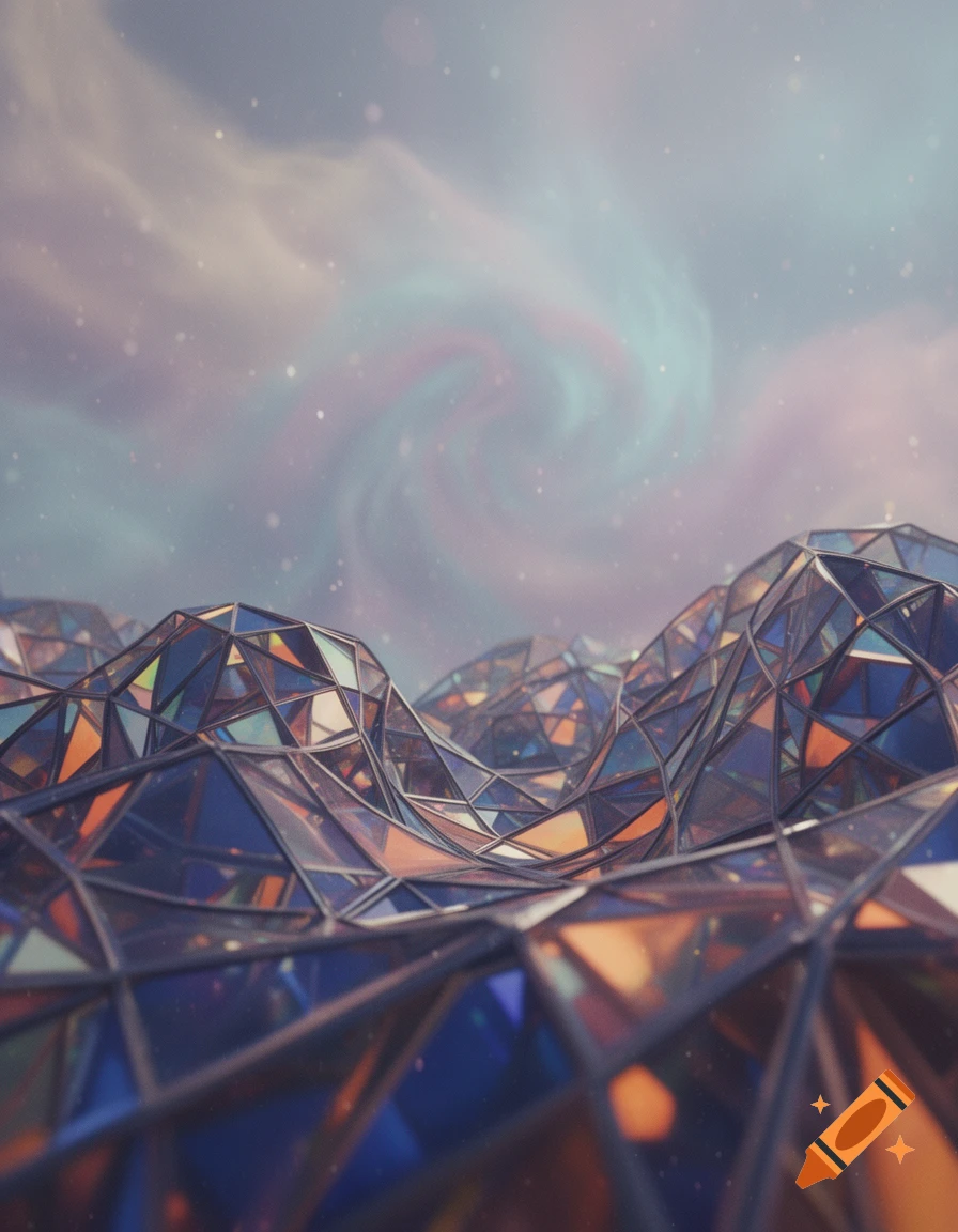 A landscape of undulating, faceted glass-like structures reflecting colorful light, under a swirling pastel nebula sky with stars.