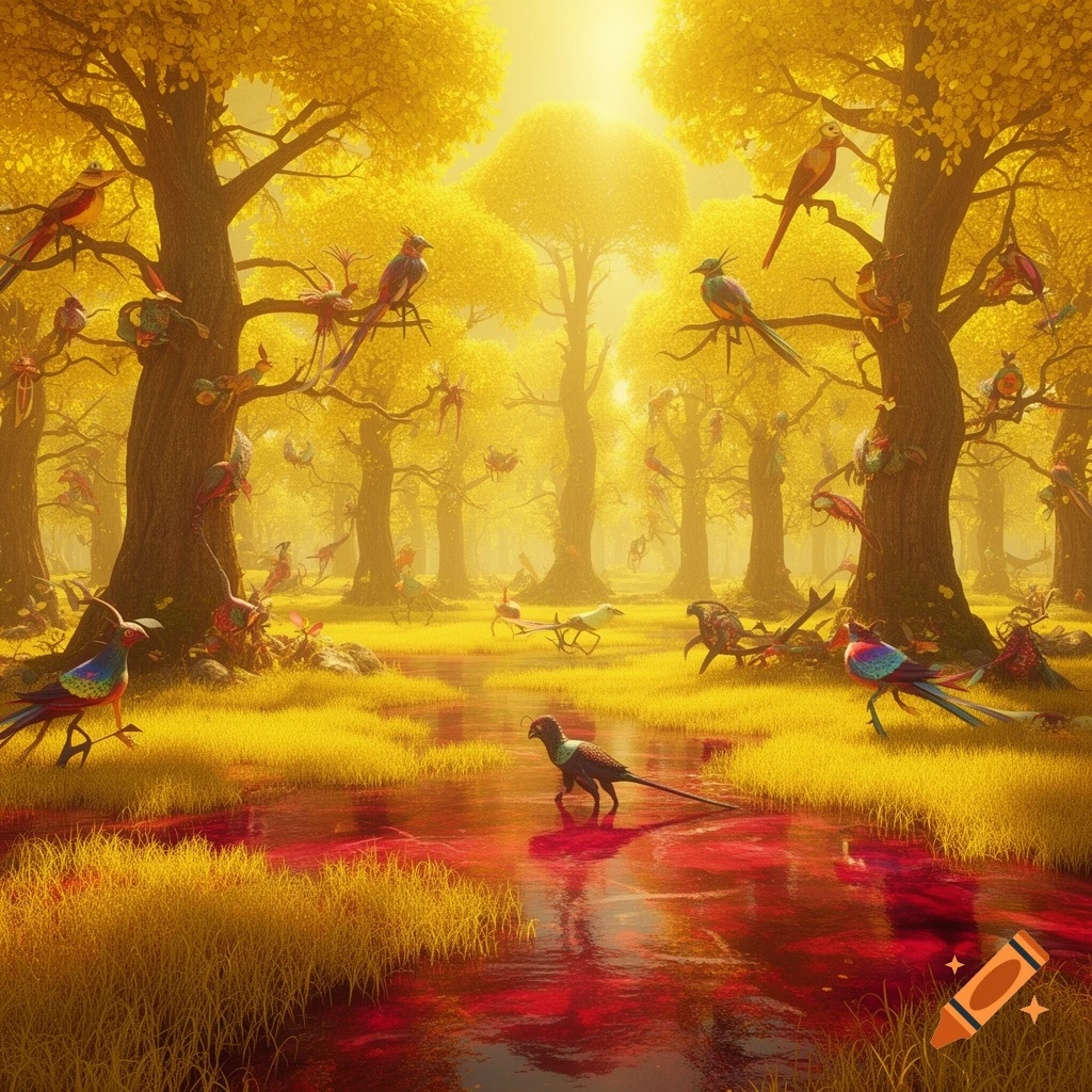 A vibrant fantasy forest with glowing yellow trees, red water, and many colorful, exotic birds perched and walking in a golden landscape.
