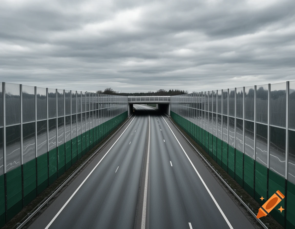 A bird's-eye view of an empty highway leading into a dark tunnel, flanked by green and clear sound barriers under a cloudy sky.